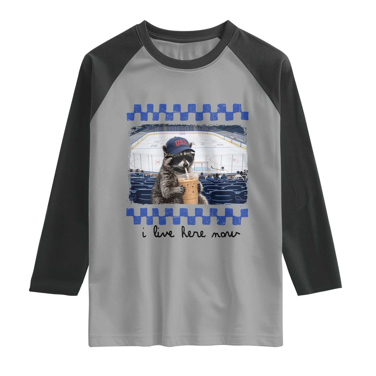 Hockey Mom Raccoon Iced Coffee Raglan Shirt I Live Here Now TS14 Sport Gray Black Print Your Wear