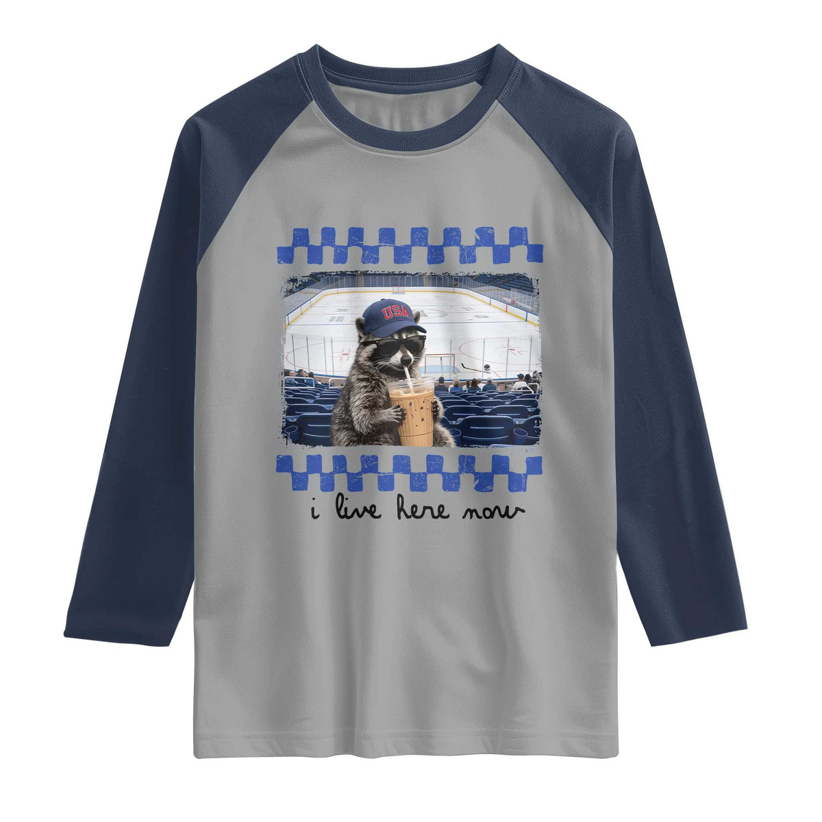 Hockey Mom Raccoon Iced Coffee Raglan Shirt I Live Here Now TS14 Sport Gray Navy Print Your Wear