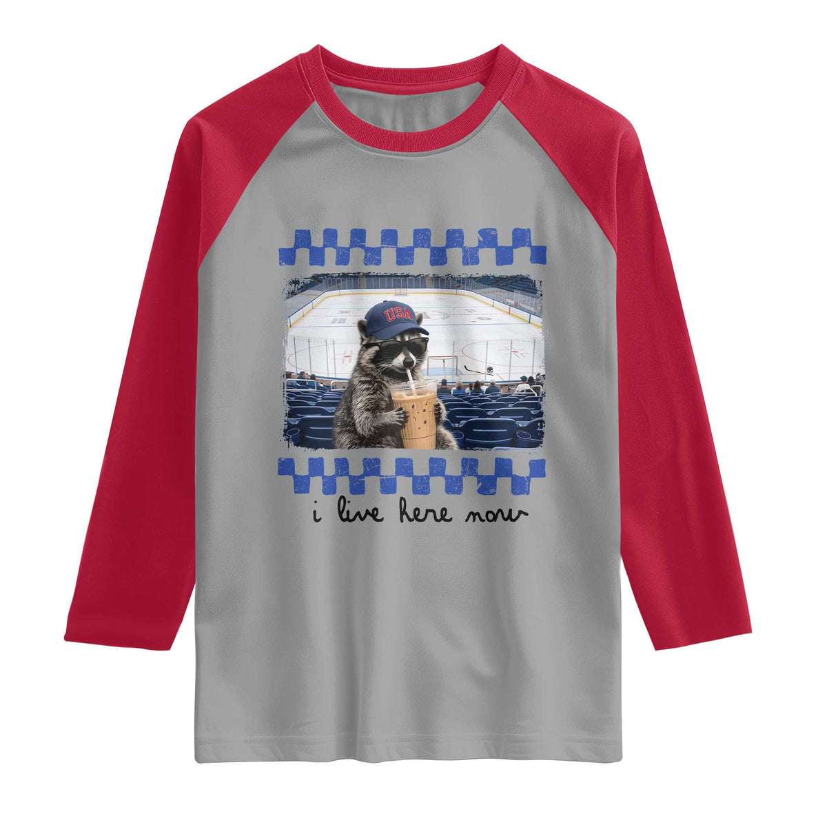 Hockey Mom Raccoon Iced Coffee Raglan Shirt I Live Here Now TS14 Sport Gray Red Print Your Wear