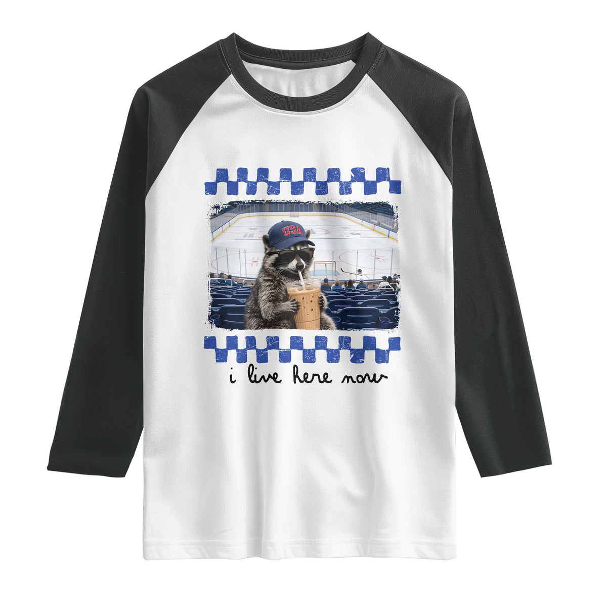 Hockey Mom Raccoon Iced Coffee Raglan Shirt I Live Here Now TS14 White Black Print Your Wear