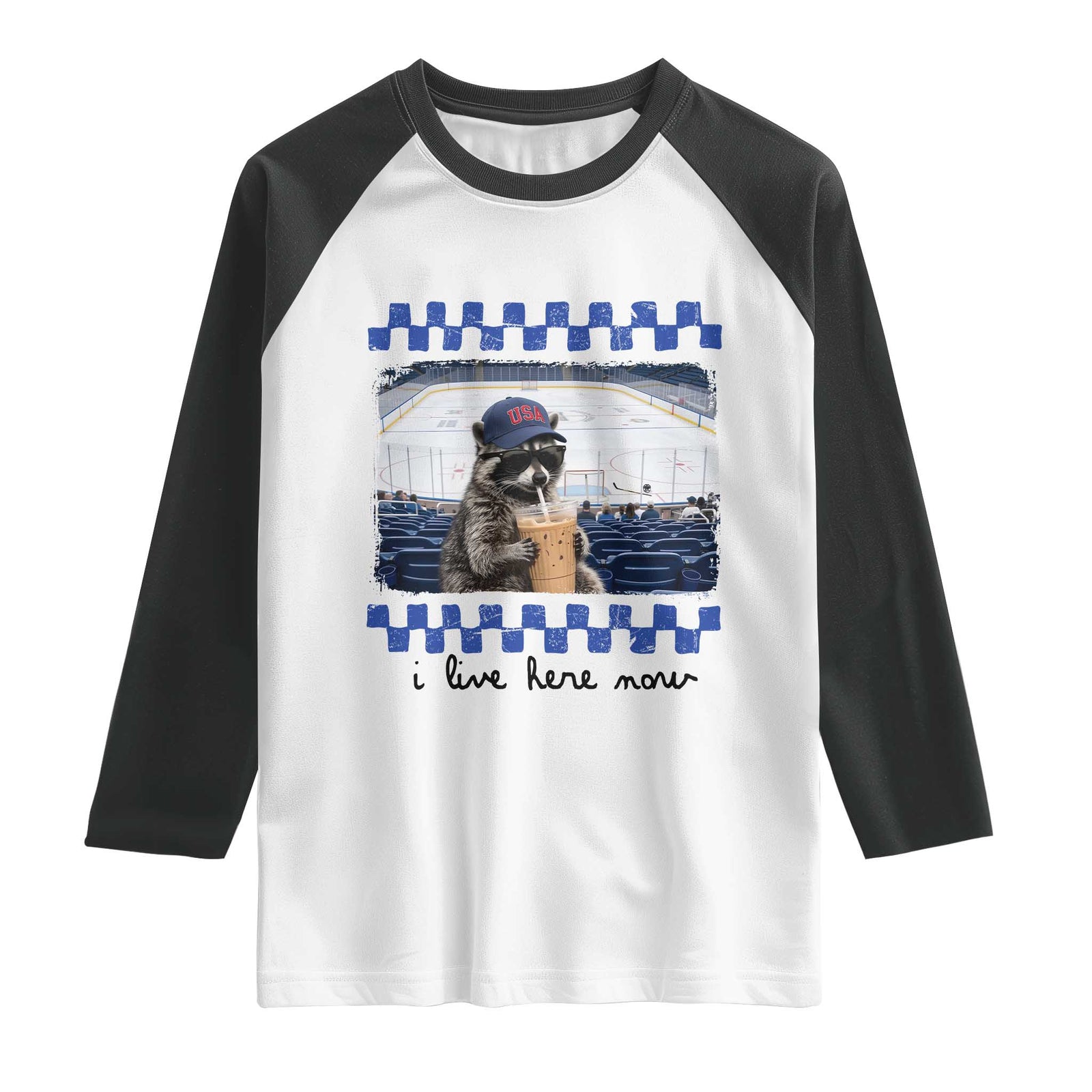 Hockey Mom Raccoon Iced Coffee Raglan Shirt I Live Here Now TS14 White Black Print Your Wear