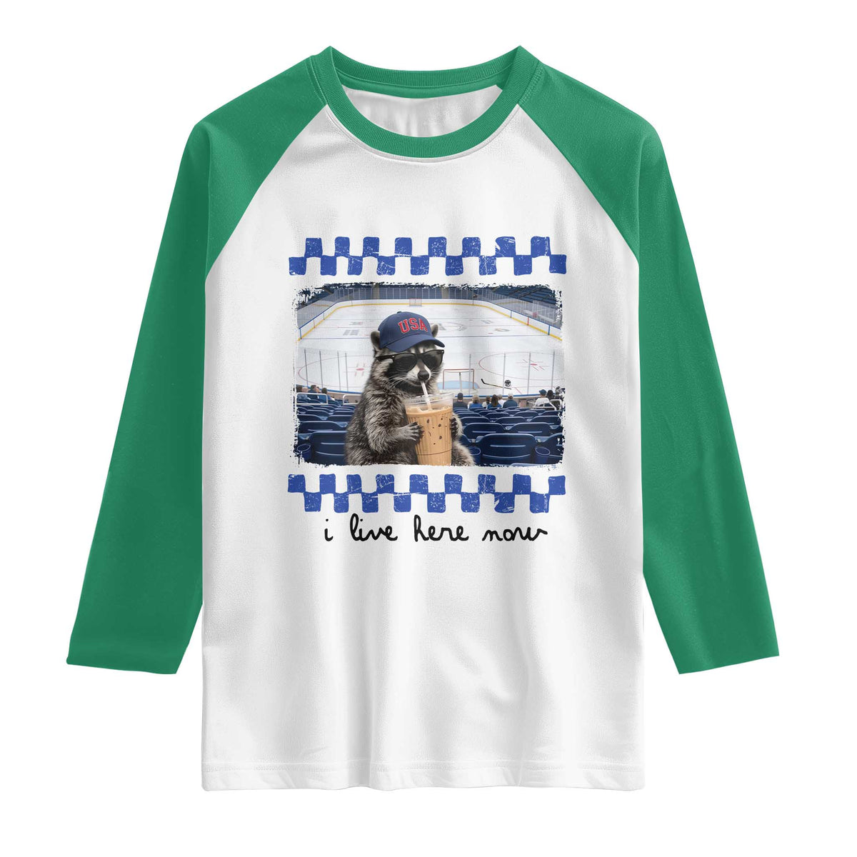Hockey Mom Raccoon Iced Coffee Raglan Shirt I Live Here Now TS14 White Kelly Green Print Your Wear