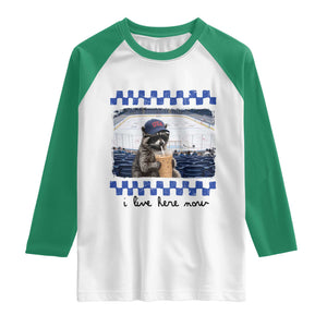 Hockey Mom Raccoon Iced Coffee Raglan Shirt I Live Here Now TS14 White Kelly Green Print Your Wear