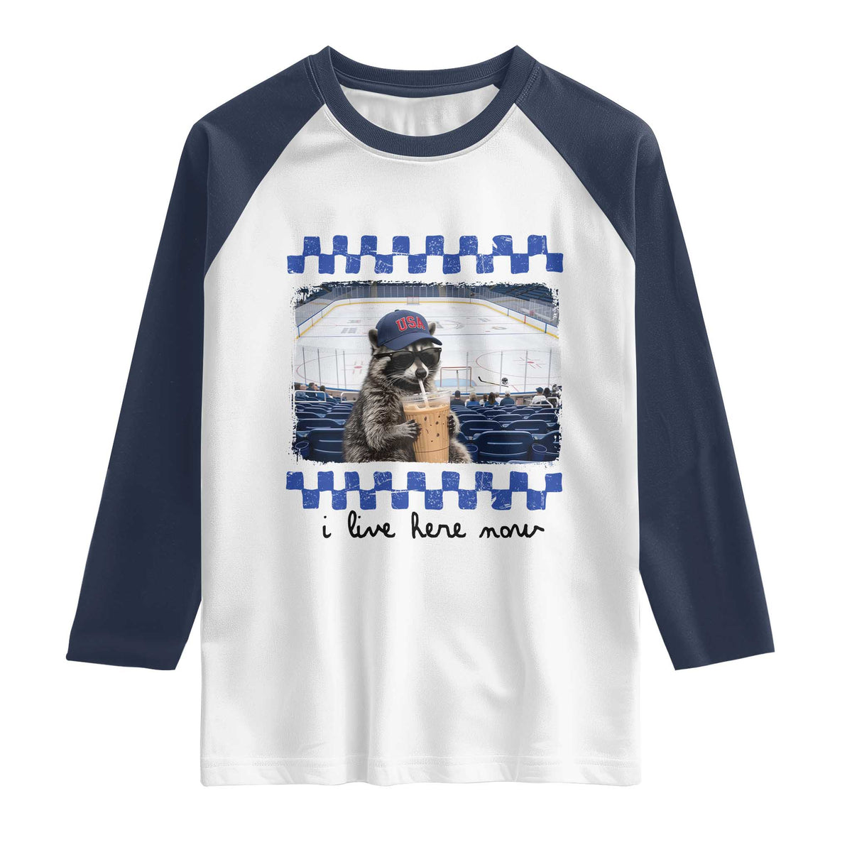 Hockey Mom Raccoon Iced Coffee Raglan Shirt I Live Here Now TS14 White Navy Print Your Wear