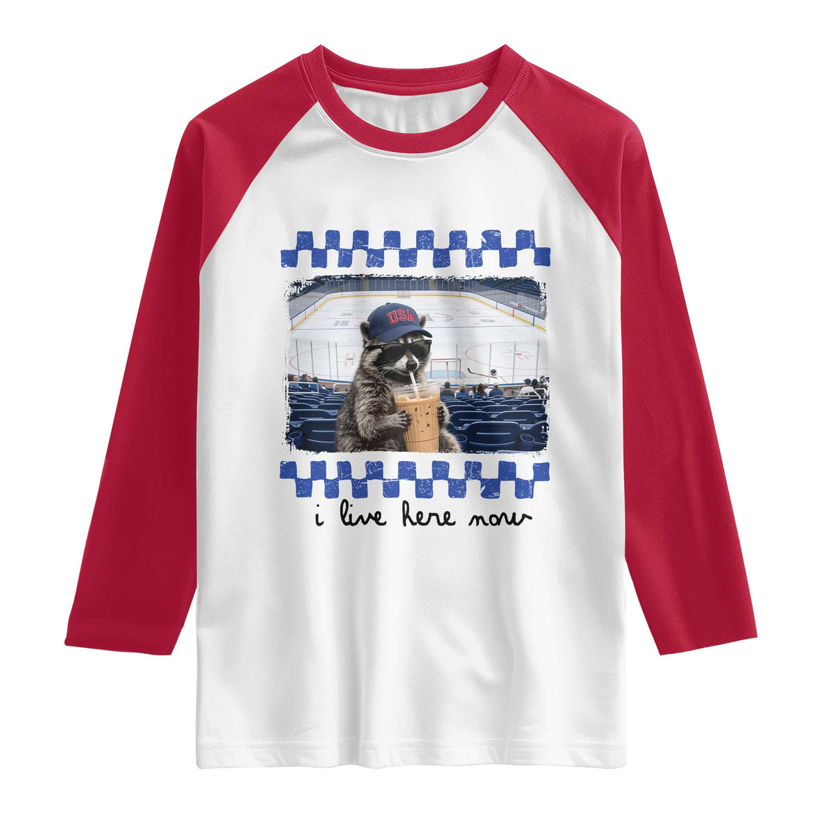 Hockey Mom Raccoon Iced Coffee Raglan Shirt I Live Here Now TS14 White Red Print Your Wear