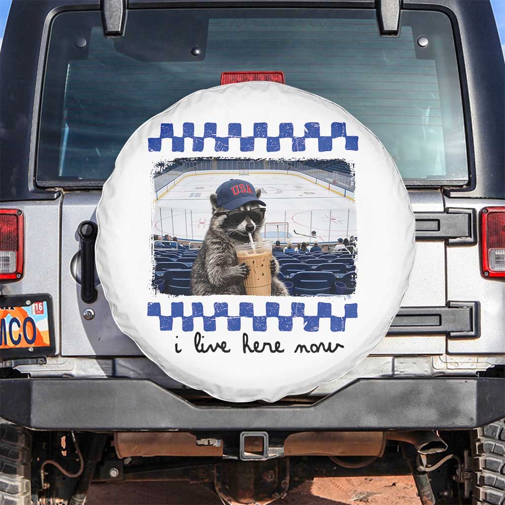 Hockey Mom Raccoon Iced Coffee Spare Tire Cover I Live Here Now TS14 No hole White Print Your Wear