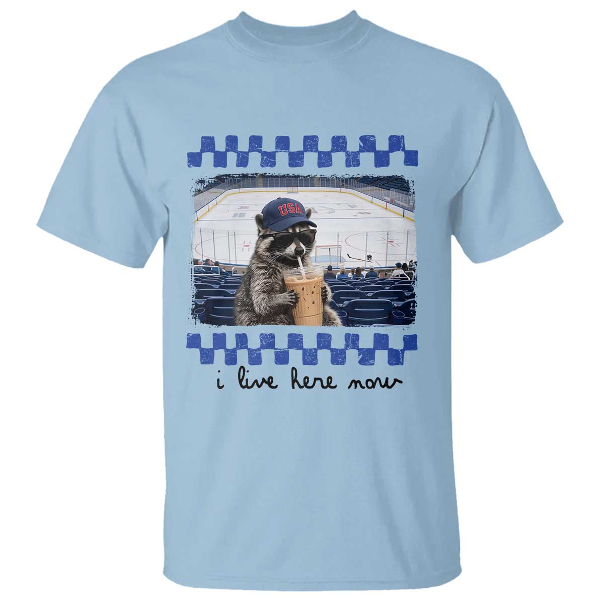 Hockey Mom Raccoon Iced Coffee T Shirt I Live Here Now TS14 Light Blue Print Your Wear