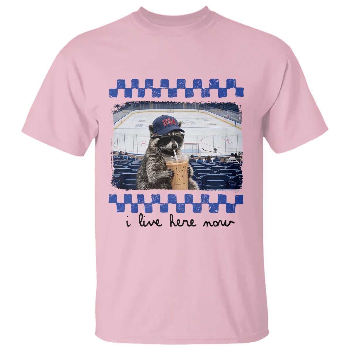 Hockey Mom Raccoon Iced Coffee T Shirt I Live Here Now TS14 Light Pink Print Your Wear