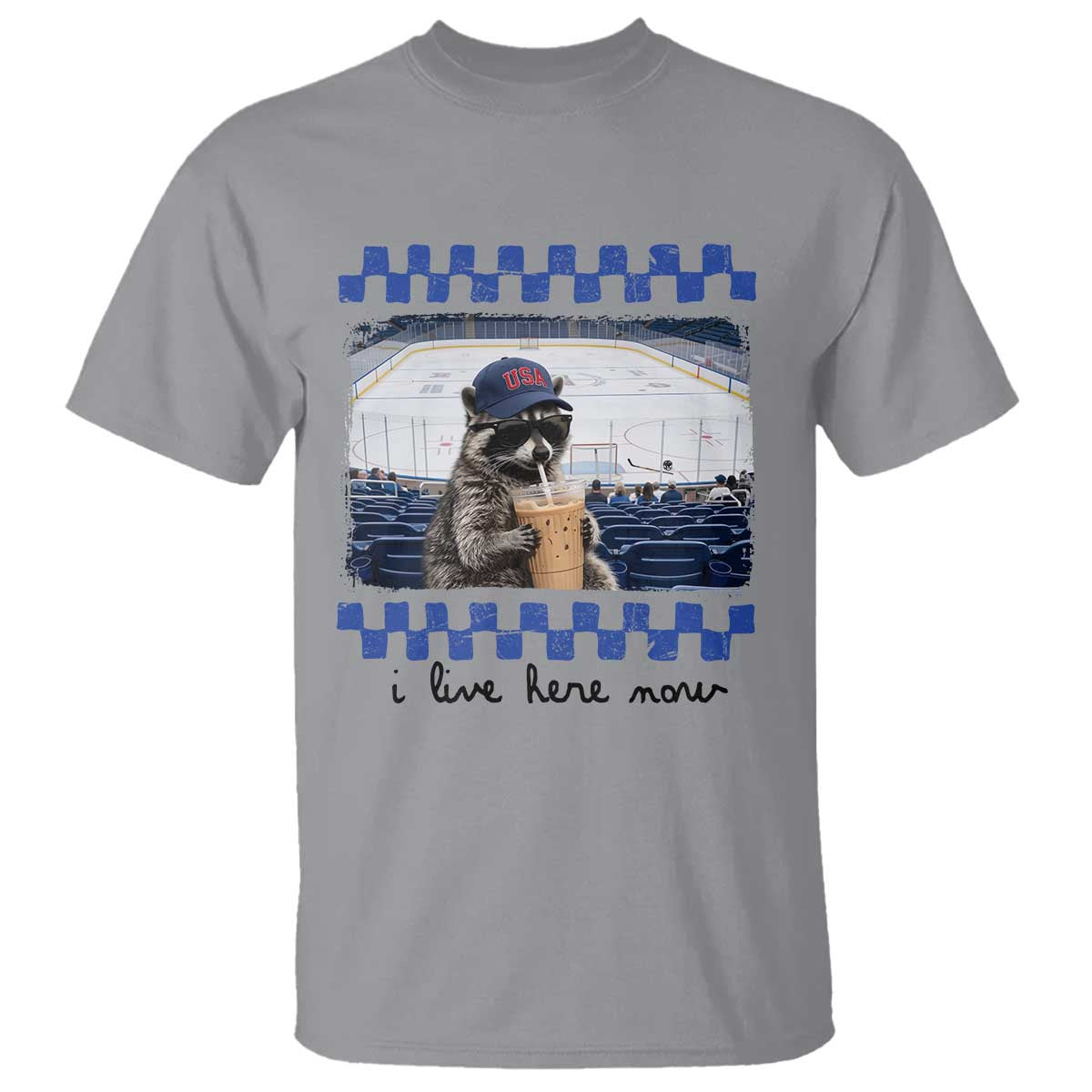 Hockey Mom Raccoon Iced Coffee T Shirt I Live Here Now TS14 Sport Gray Print Your Wear