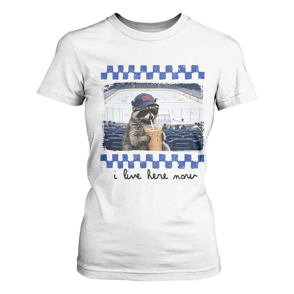 Hockey Mom Raccoon Iced Coffee T Shirt For Women I Live Here Now TS14 White Print Your Wear