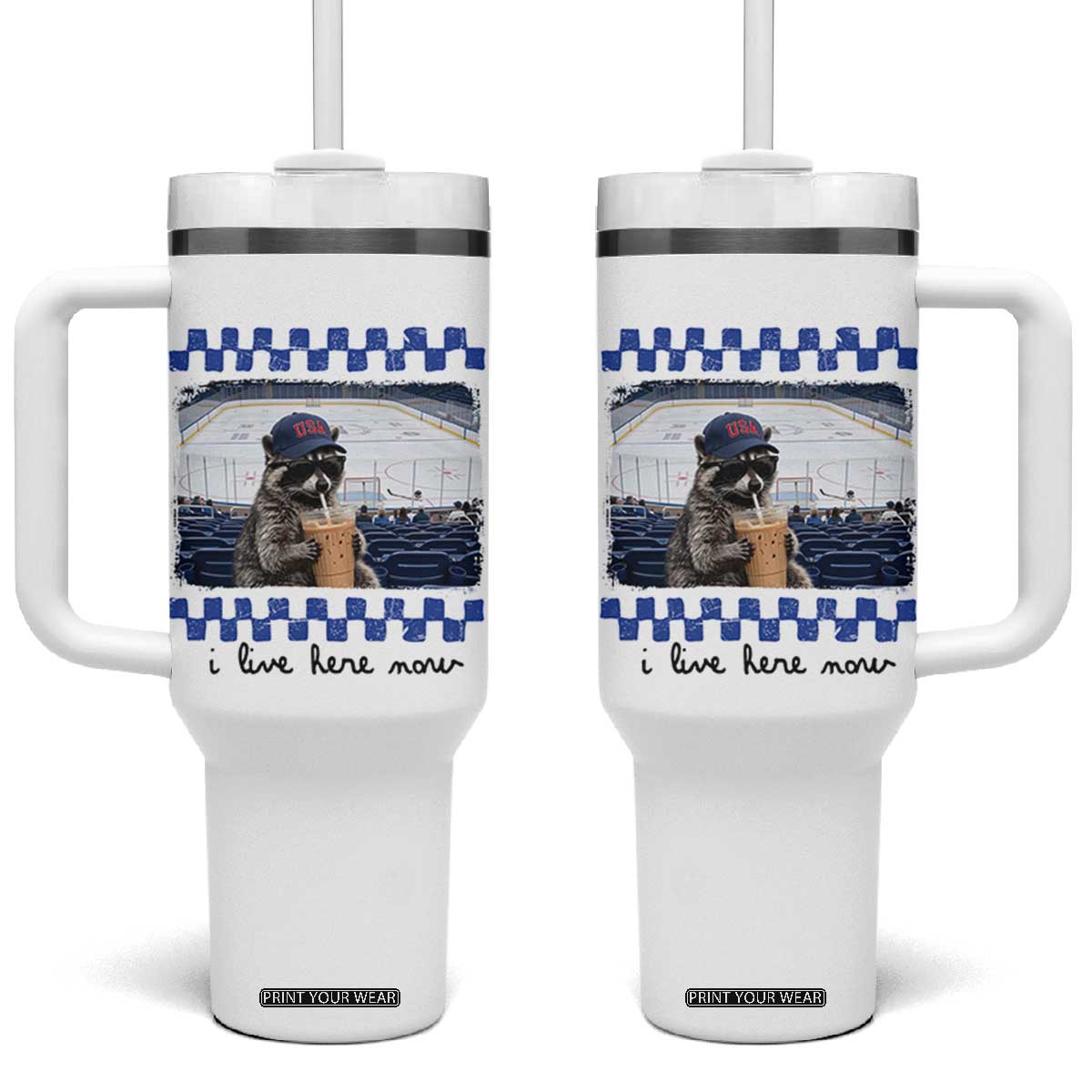 Hockey Mom Raccoon Iced Coffee Tumbler With Handle I Live Here Now TS14 One Size: 40 oz White Print Your Wear