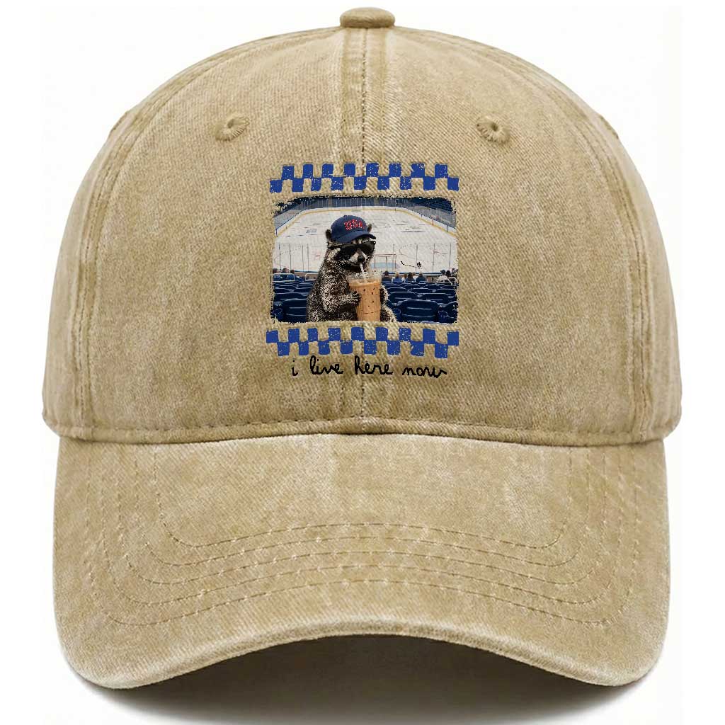 Hockey Mom Raccoon Iced Coffee Washed Cotton Baseball Cap I Live Here Now TS14 Print Your Wear