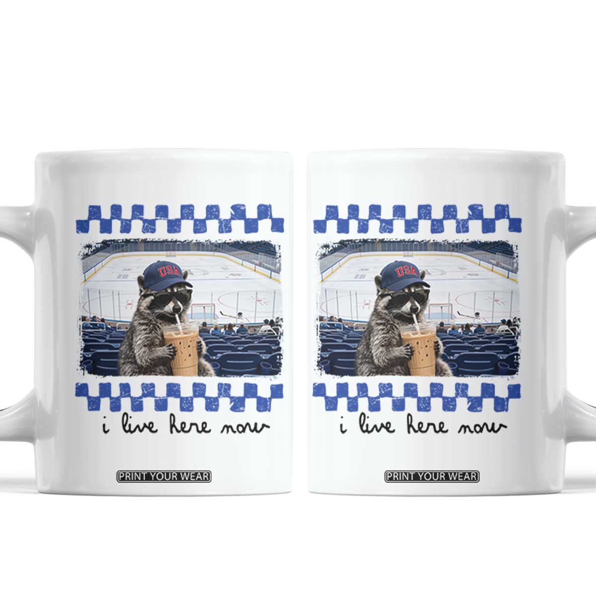 Hockey Mom Raccoon Iced Coffee Coffee Mug I Live Here Now TS14 White Print Your Wear