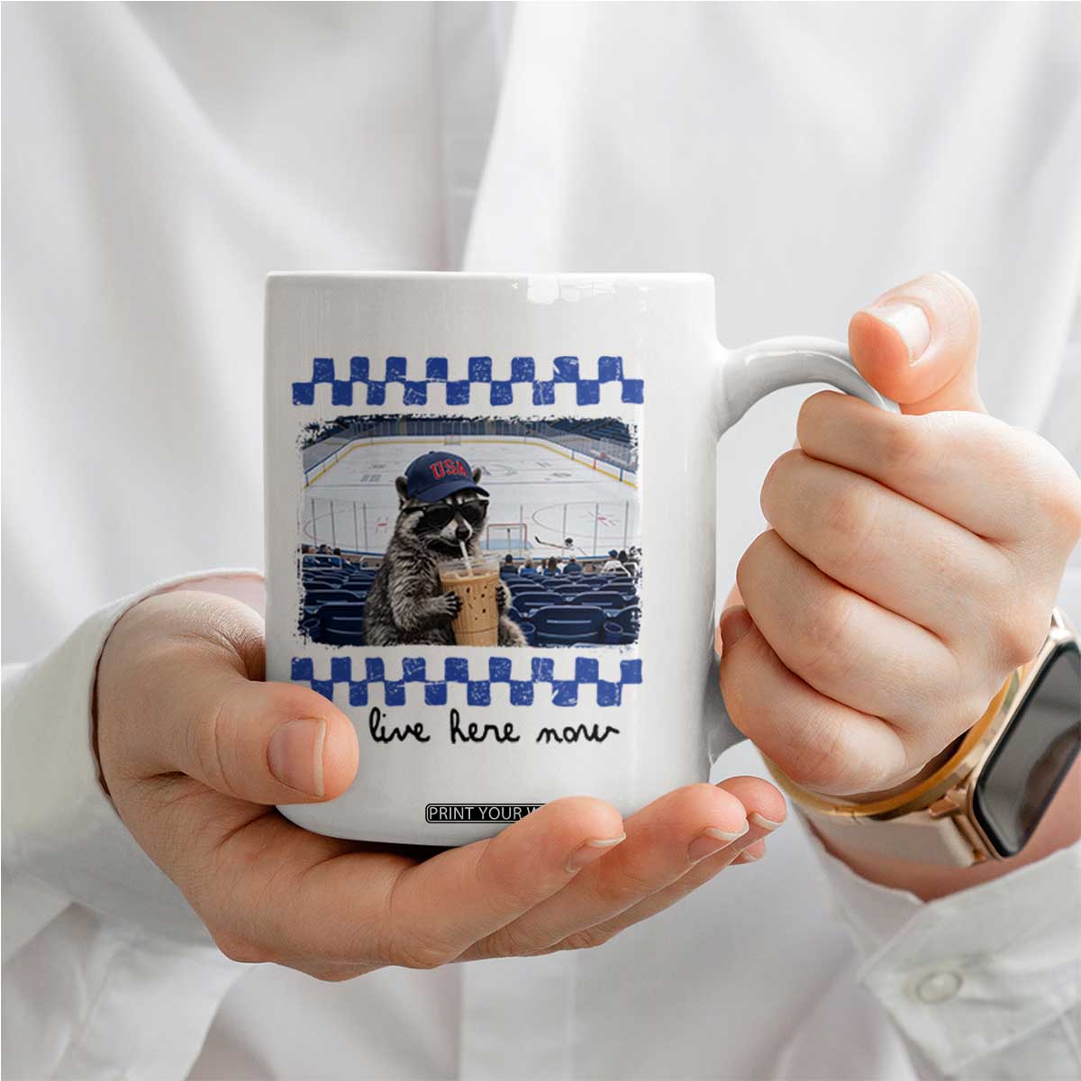 Hockey Mom Raccoon Iced Coffee Coffee Mug I Live Here Now TS14 Print Your Wear