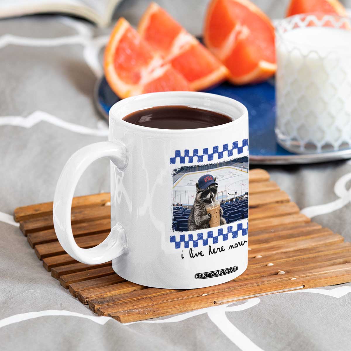Hockey Mom Raccoon Iced Coffee Coffee Mug I Live Here Now TS14 Print Your Wear