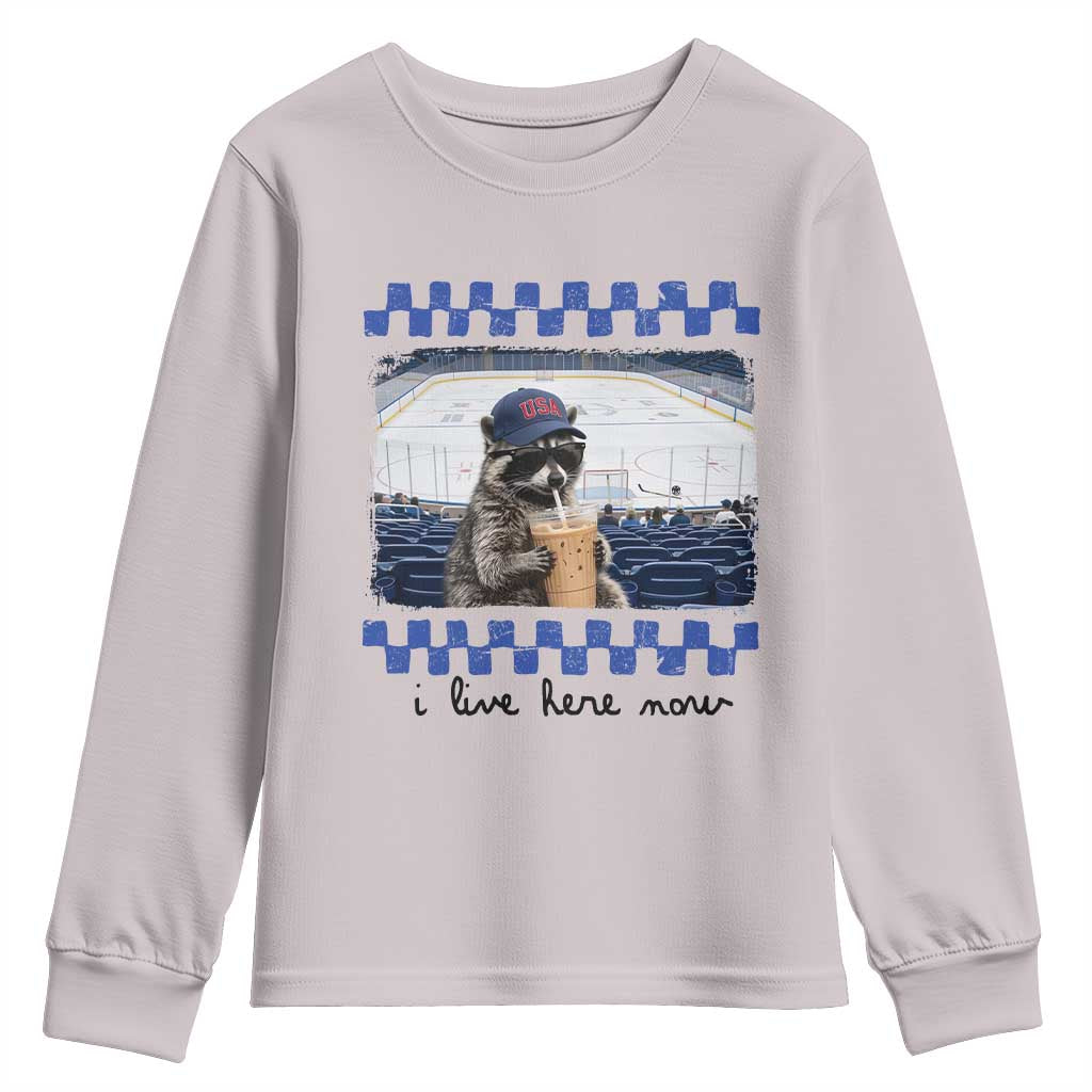 Hockey Mom Raccoon Iced Coffee Youth Sweatshirt I Live Here Now TS14 Ice Gray Print Your Wear