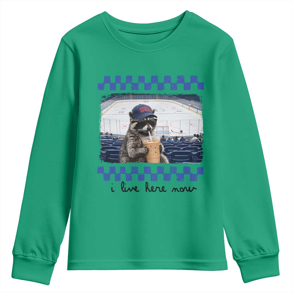 Hockey Mom Raccoon Iced Coffee Youth Sweatshirt I Live Here Now TS14 Irish Green Print Your Wear