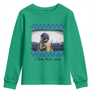 Hockey Mom Raccoon Iced Coffee Youth Sweatshirt I Live Here Now TS14 Irish Green Print Your Wear
