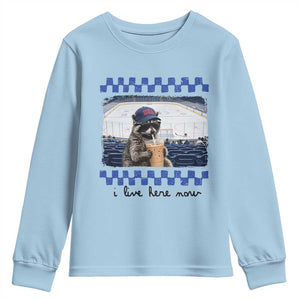 Hockey Mom Raccoon Iced Coffee Youth Sweatshirt I Live Here Now TS14 Light Blue Print Your Wear