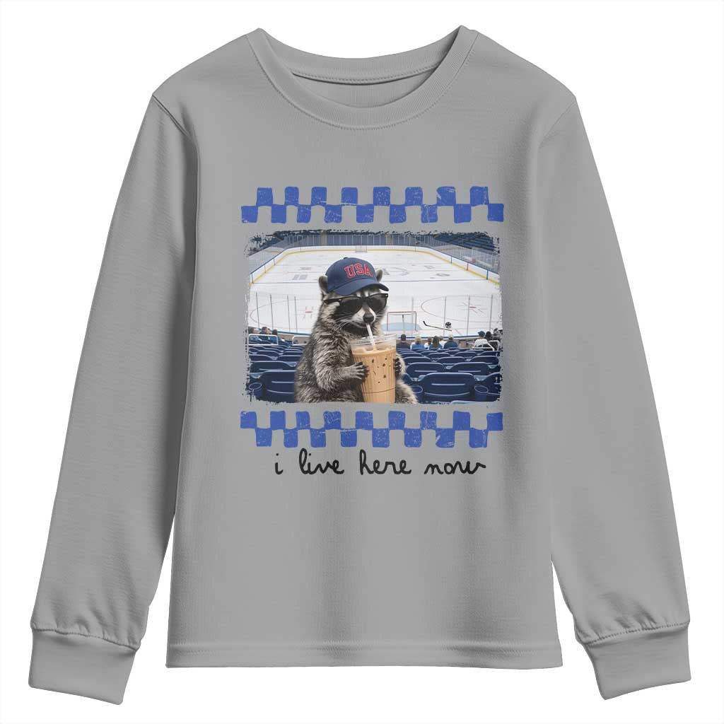 Hockey Mom Raccoon Iced Coffee Youth Sweatshirt I Live Here Now TS14 Sport Gray Print Your Wear