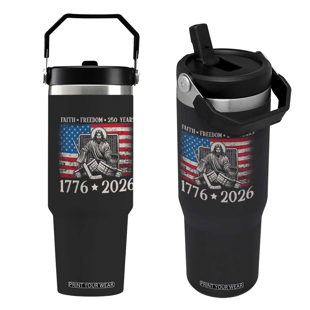 250 Years Faith and Freedom Christian Flip Straw Tumbler Jesus Hockey Player 4th of July American Flag TS14 One Size: 30 oz Black Print Your Wear