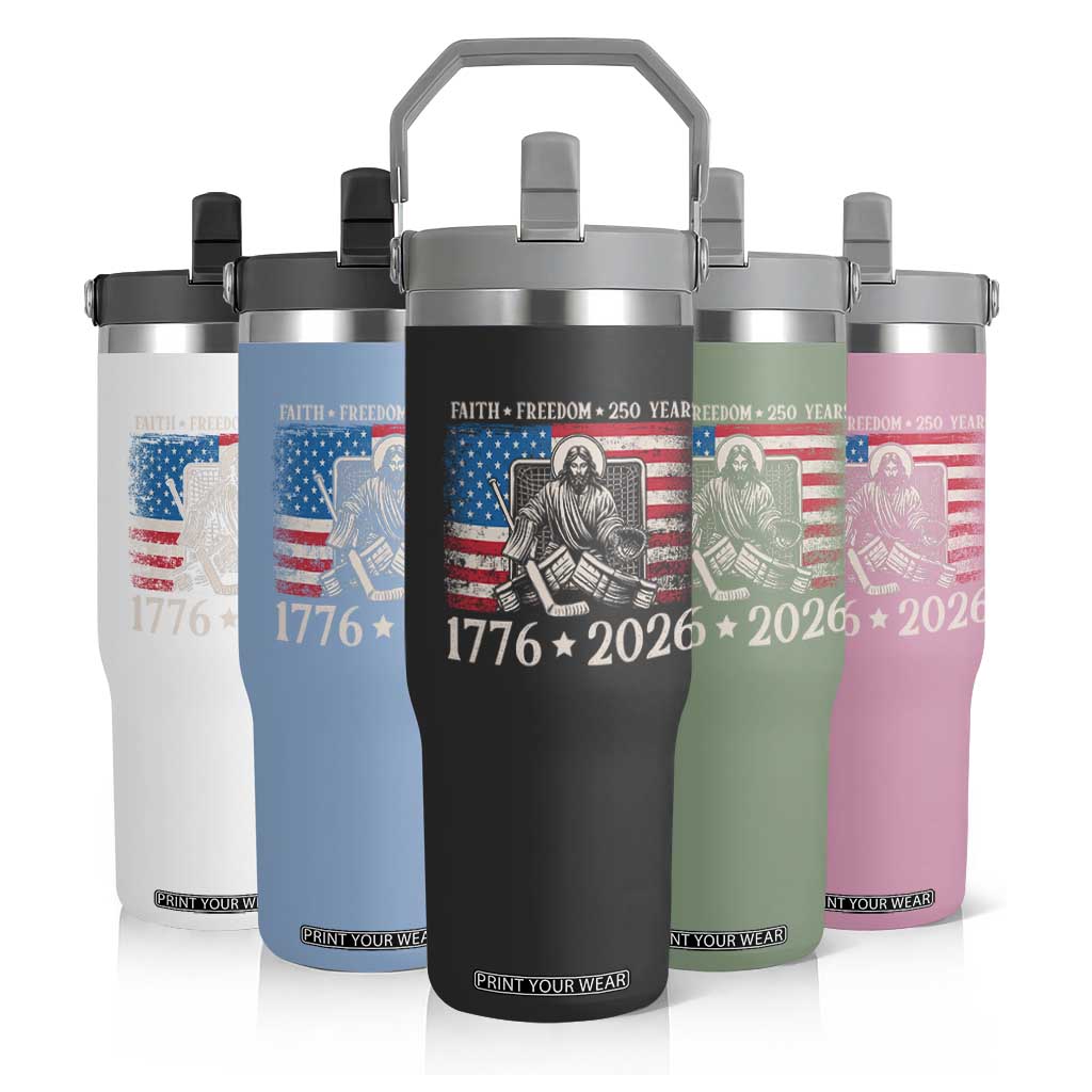 250 Years Faith and Freedom Christian Flip Straw Tumbler Jesus Hockey Player 4th of July American Flag TS14 Print Your Wear