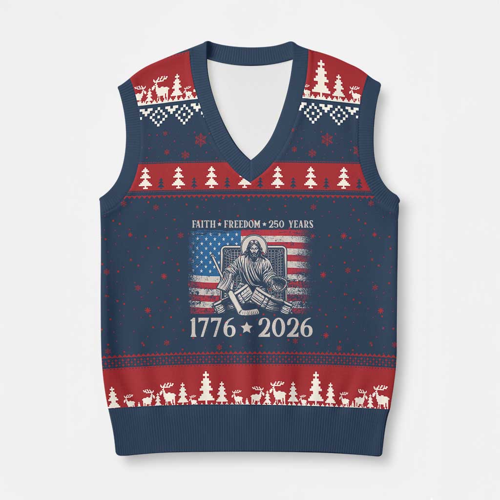 250 Years Faith and Freedom Christian V-Neck Knit Sweater Vest Jesus Hockey Player 4th of July American Flag TS14 Navy Red Print Your Wear