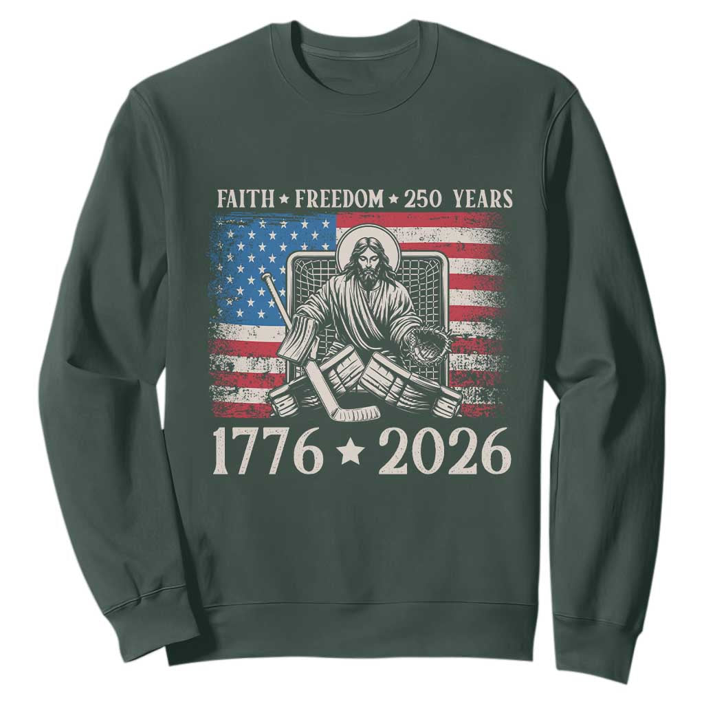 250 Years Faith and Freedom Christian Sweatshirt Jesus Hockey Player 4th of July American Flag TS14 Dark Forest Green Print Your Wear