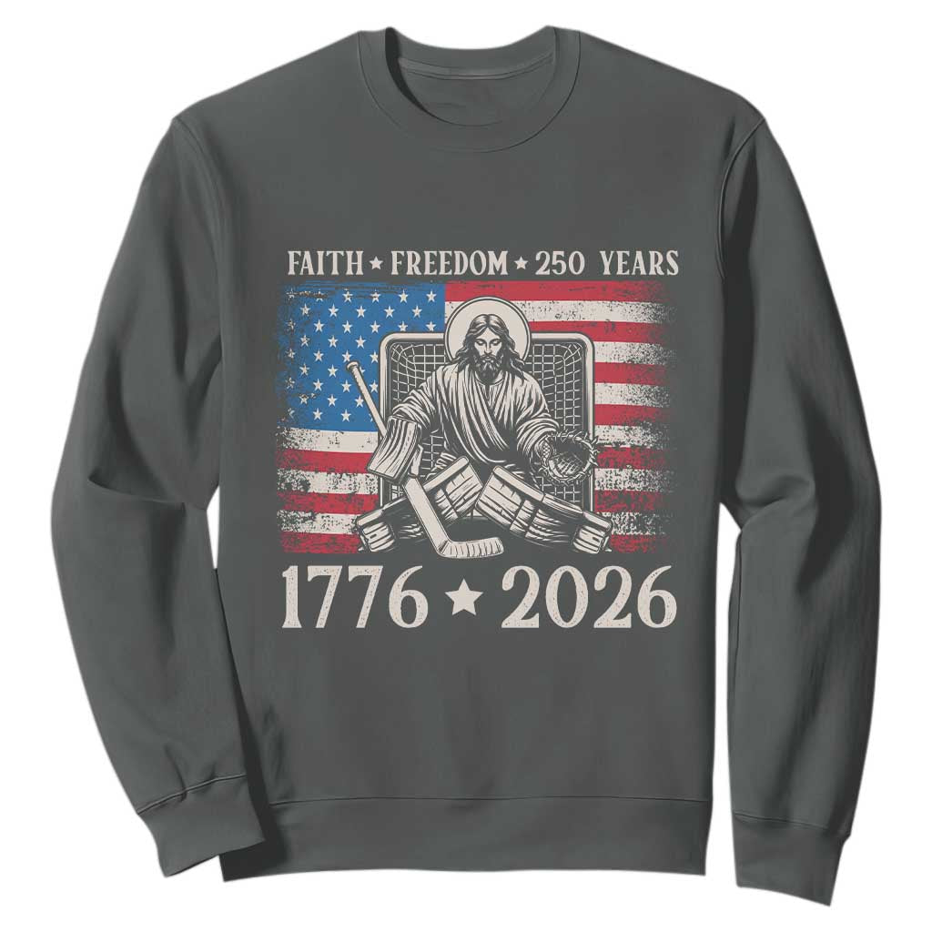250 Years Faith and Freedom Christian Sweatshirt Jesus Hockey Player 4th of July American Flag TS14 Dark Heather Print Your Wear