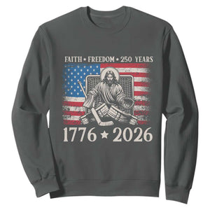 250 Years Faith and Freedom Christian Sweatshirt Jesus Hockey Player 4th of July American Flag TS14 Dark Heather Print Your Wear