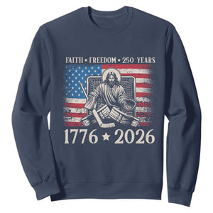 250 Years Faith and Freedom Christian Sweatshirt Jesus Hockey Player 4th of July American Flag TS14 Navy Print Your Wear