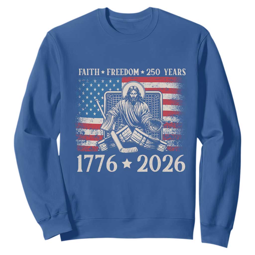 250 Years Faith and Freedom Christian Sweatshirt Jesus Hockey Player 4th of July American Flag TS14 Royal Blue Print Your Wear