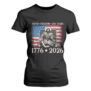 250 Years Faith and Freedom Christian T Shirt For Women Jesus Hockey Player 4th of July American Flag TS14 Black Print Your Wear