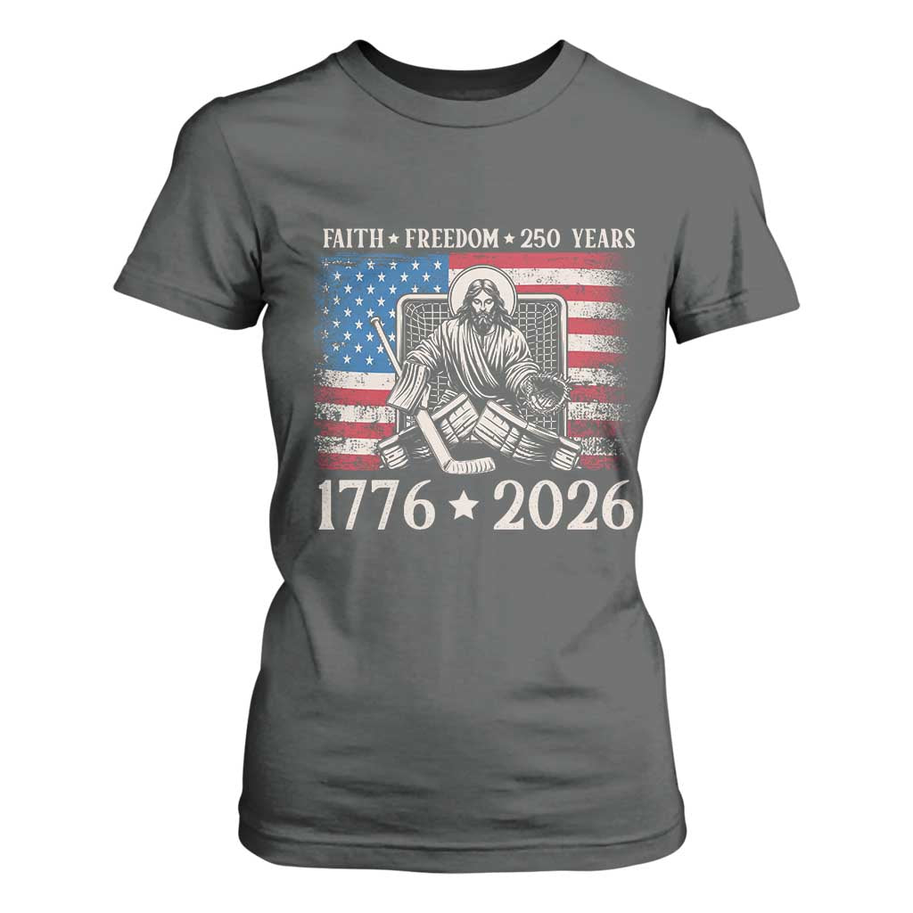 250 Years Faith and Freedom Christian T Shirt For Women Jesus Hockey Player 4th of July American Flag TS14 Dark Heather Print Your Wear