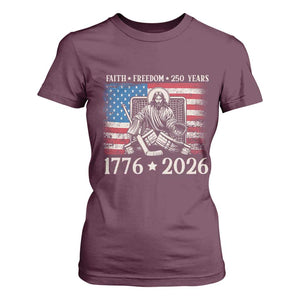 250 Years Faith and Freedom Christian T Shirt For Women Jesus Hockey Player 4th of July American Flag TS14 Maroon Print Your Wear