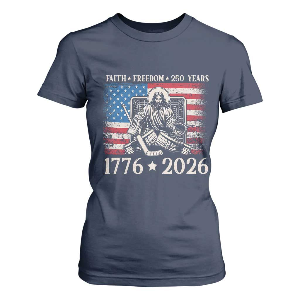 250 Years Faith and Freedom Christian T Shirt For Women Jesus Hockey Player 4th of July American Flag TS14 Navy Print Your Wear