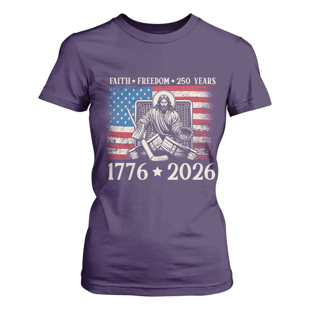 250 Years Faith and Freedom Christian T Shirt For Women Jesus Hockey Player 4th of July American Flag TS14 Purple Print Your Wear