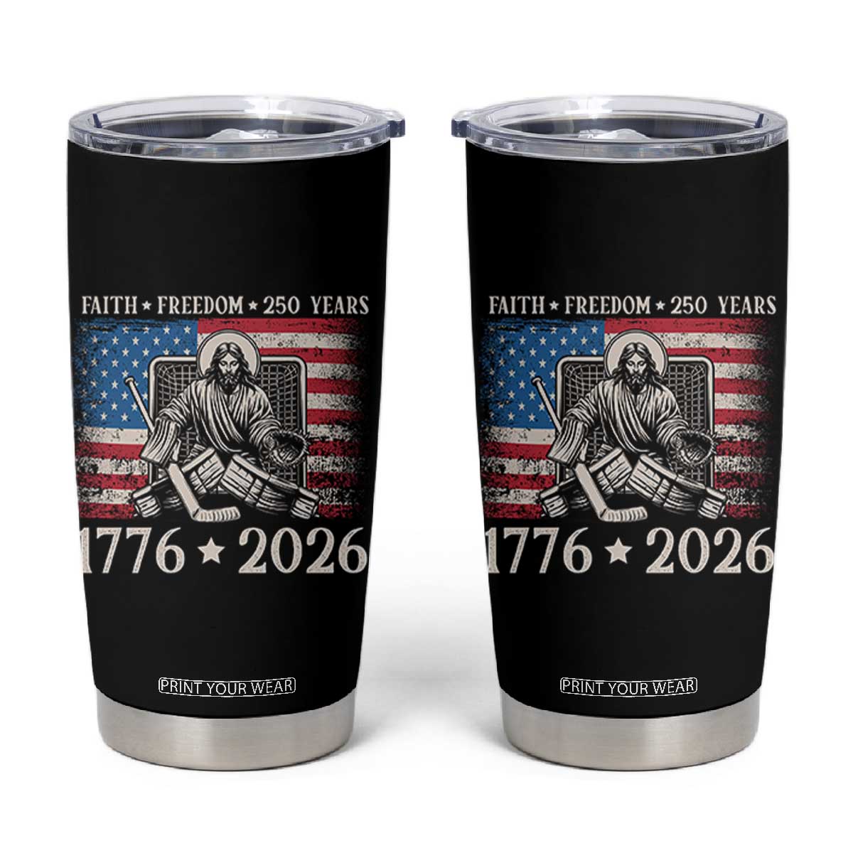 250 Years Faith and Freedom Christian Tumbler Cup Jesus Hockey Player 4th of July American Flag TS14 Black Print Your Wear