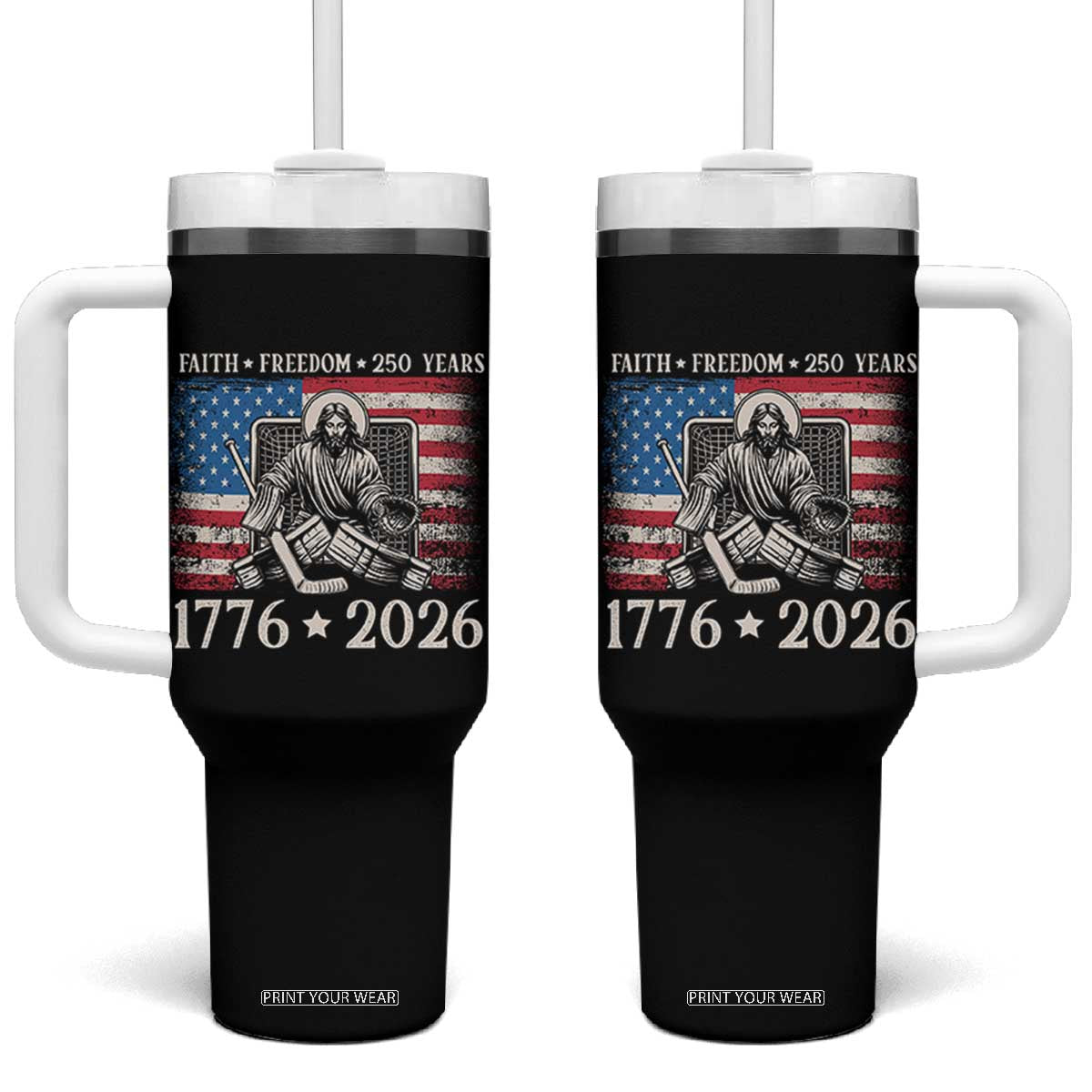 250 Years Faith and Freedom Christian Tumbler With Handle Jesus Hockey Player 4th of July American Flag TS14 One Size: 40 oz Black Print Your Wear