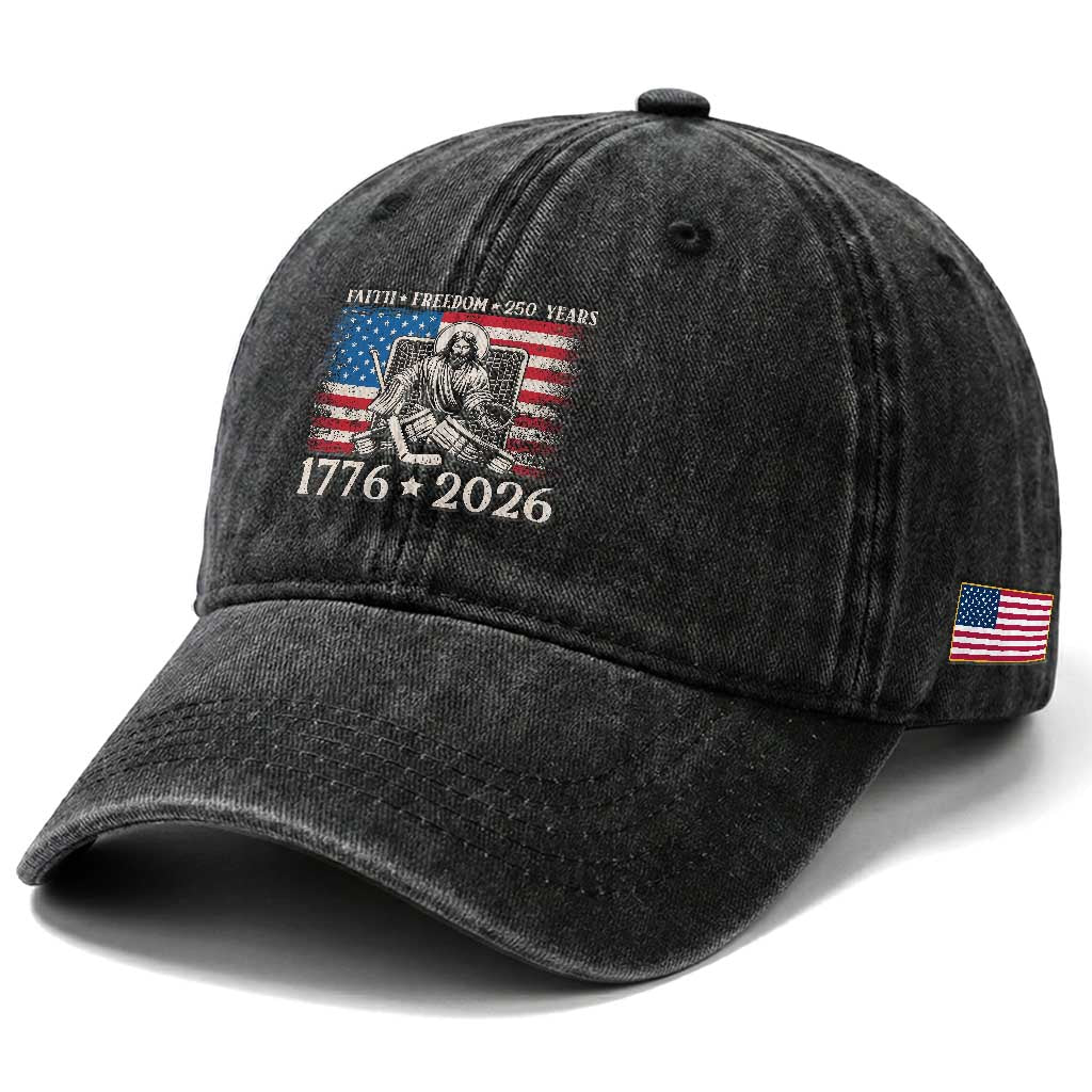 250 Years Faith and Freedom Christian Washed Cotton Baseball Cap Jesus Hockey Player 4th of July American Flag TS14 Print Your Wear