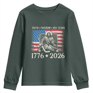 250 Years Faith and Freedom Christian Youth Sweatshirt Jesus Hockey Player 4th of July American Flag TS14 Dark Forest Green Print Your Wear