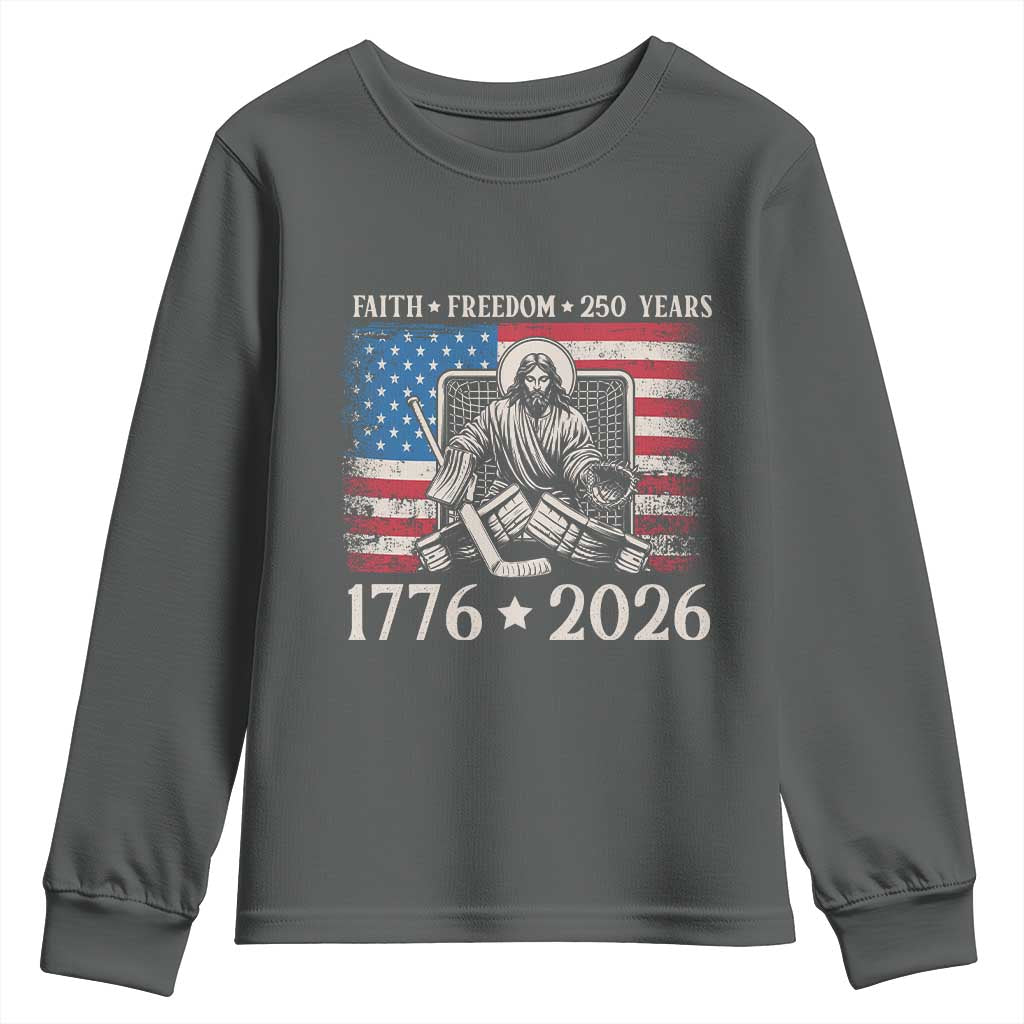 250 Years Faith and Freedom Christian Youth Sweatshirt Jesus Hockey Player 4th of July American Flag TS14 Dark Heather Print Your Wear