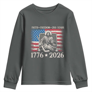 250 Years Faith and Freedom Christian Youth Sweatshirt Jesus Hockey Player 4th of July American Flag TS14 Dark Heather Print Your Wear