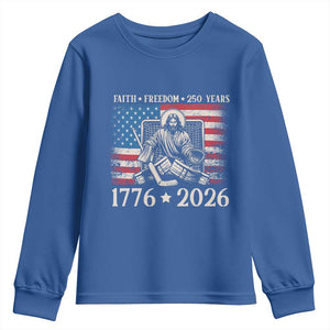 250 Years Faith and Freedom Christian Youth Sweatshirt Jesus Hockey Player 4th of July American Flag TS14 Royal Blue Print Your Wear