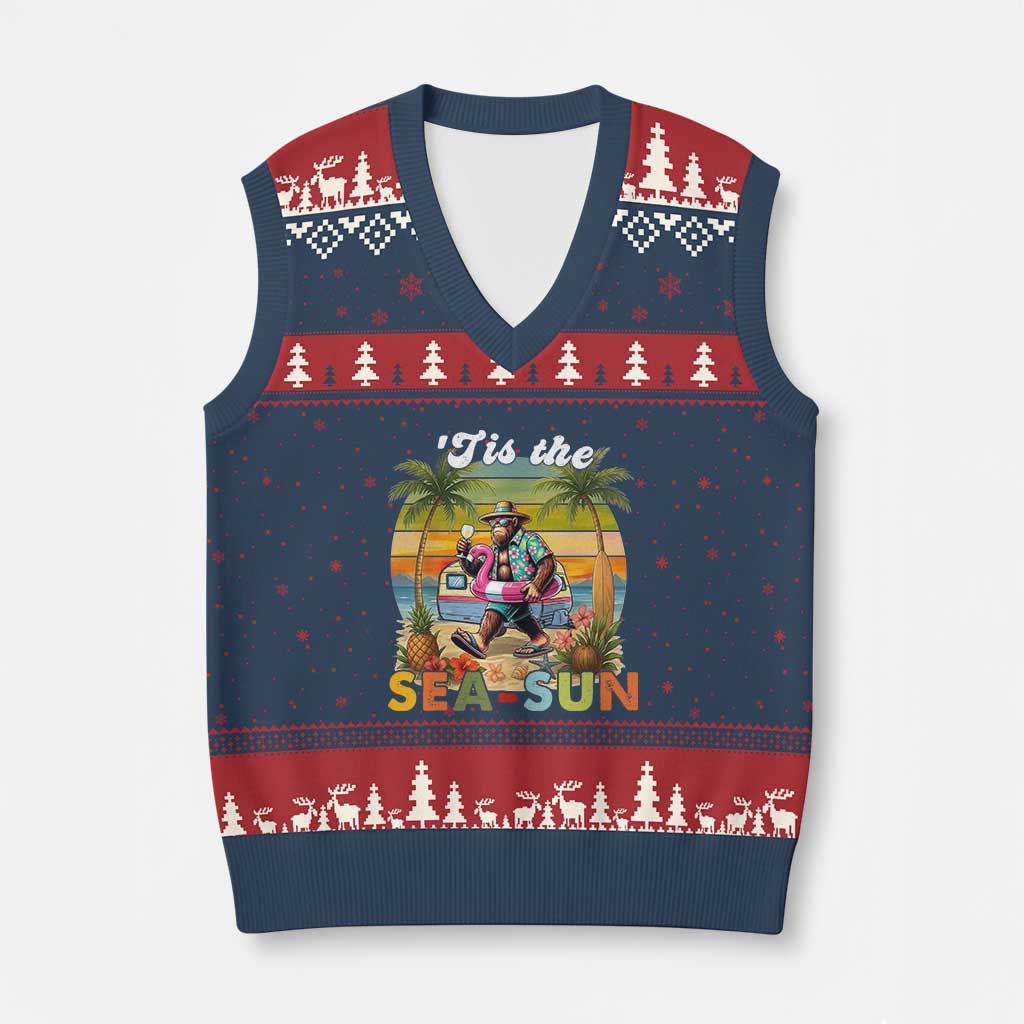 Hawaiian Bigfoot Christmas In July V-Neck Knit Sweater Vest Tis The Sea-Sun TS14 Navy Red Print Your Wear