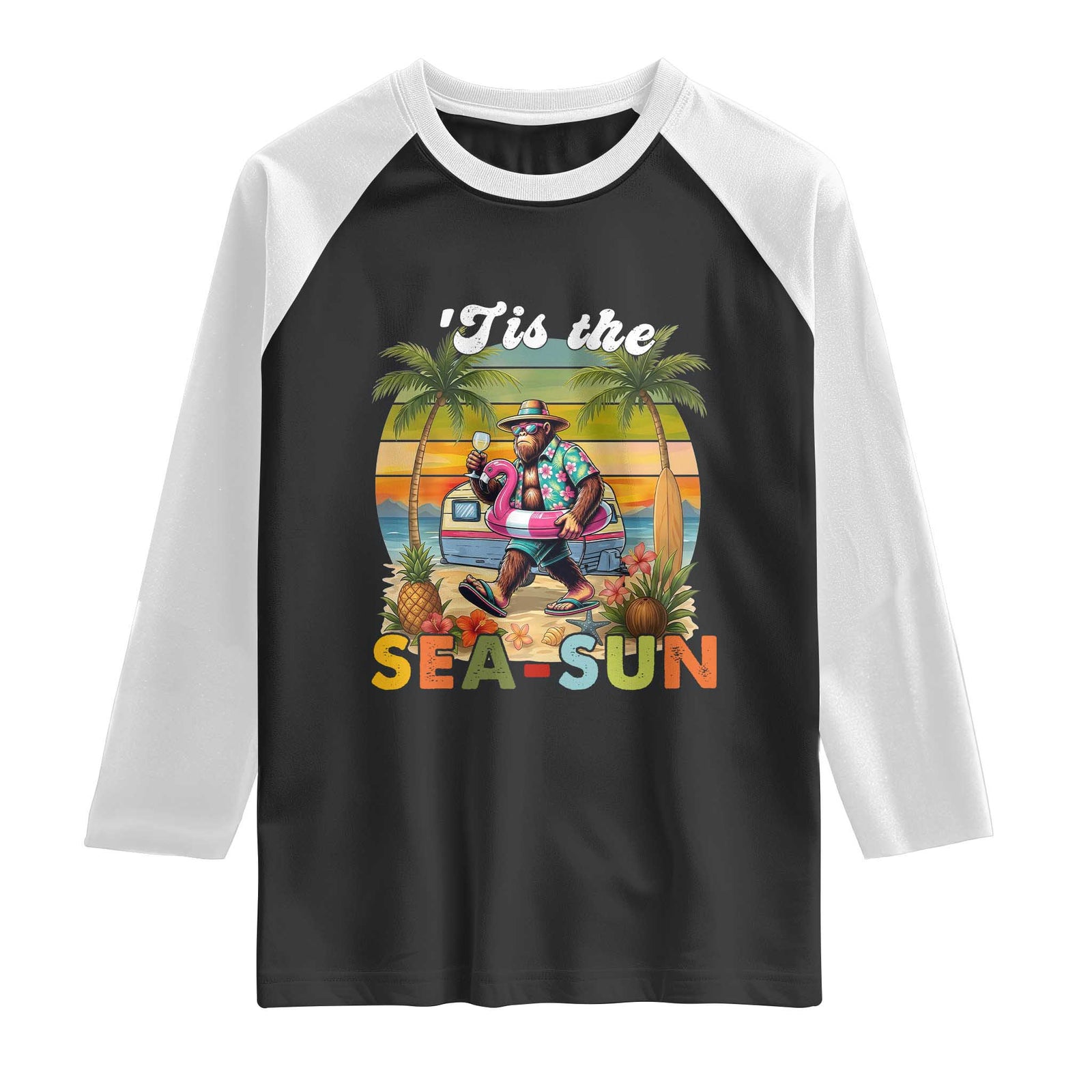 Hawaiian Bigfoot Christmas In July Raglan Shirt Tis The Sea-Sun TS14 Black White Print Your Wear