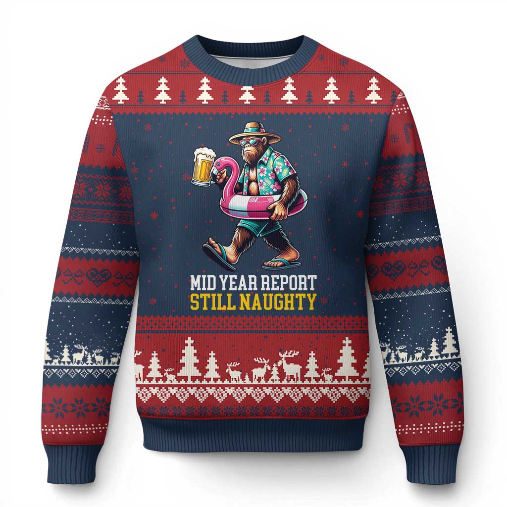 Mid-Year Report Still Naughty Ugly Christmas Sweater Funny Bigfoot Drinking Beer Christmas in July