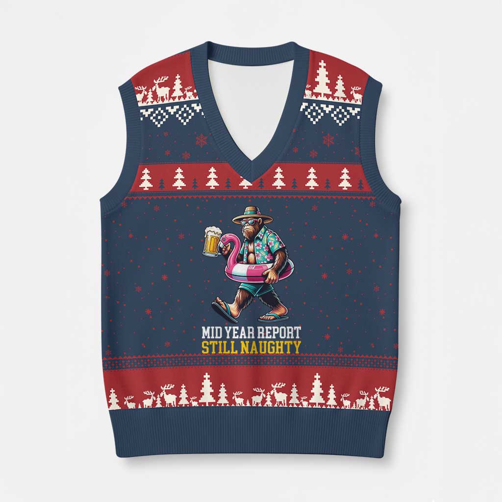 Mid-Year Report Still Naughty V-Neck Knit Sweater Vest Funny Bigfoot Drinking Beer Christmas in July TS14 Navy Red Print Your Wear