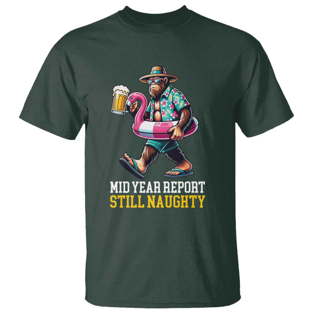 Mid-Year Report Still Naughty T Shirt Funny Bigfoot Drinking Beer Christmas in July