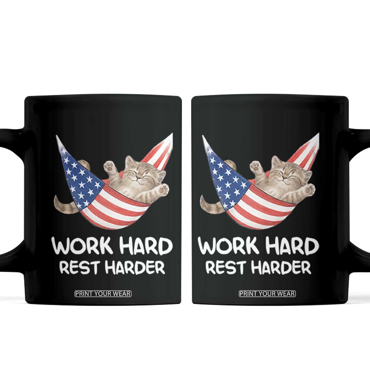 Funny Lazy Cat Coffee Mug Work Hard Rest Harder Cute Kitty Humor TS14 Black Print Your Wear